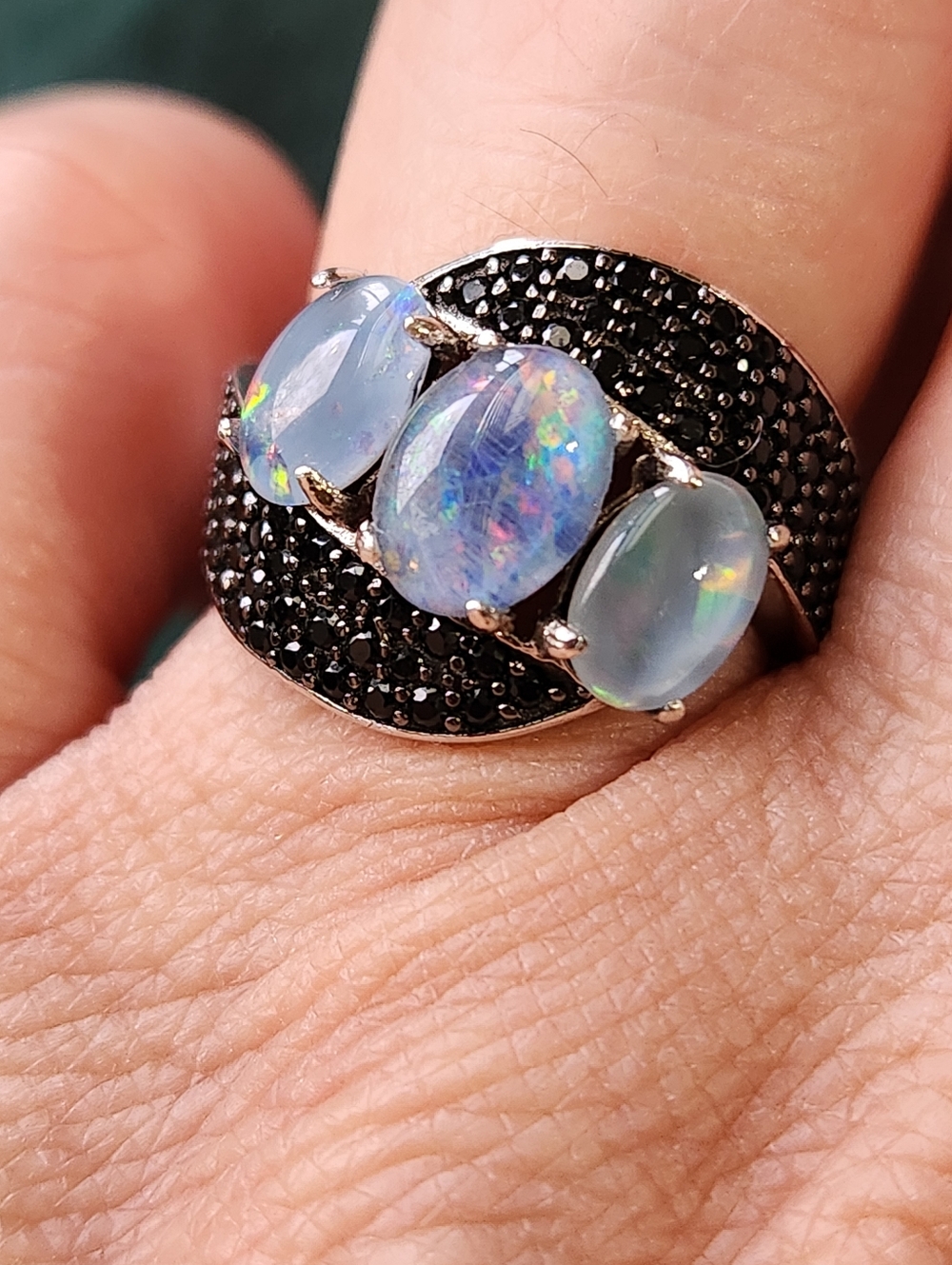 NIB VTG 925 Natural Opal Triplet Stone Black Spinel Pave Accents Ring Sz 5 - Picture 4 of 14